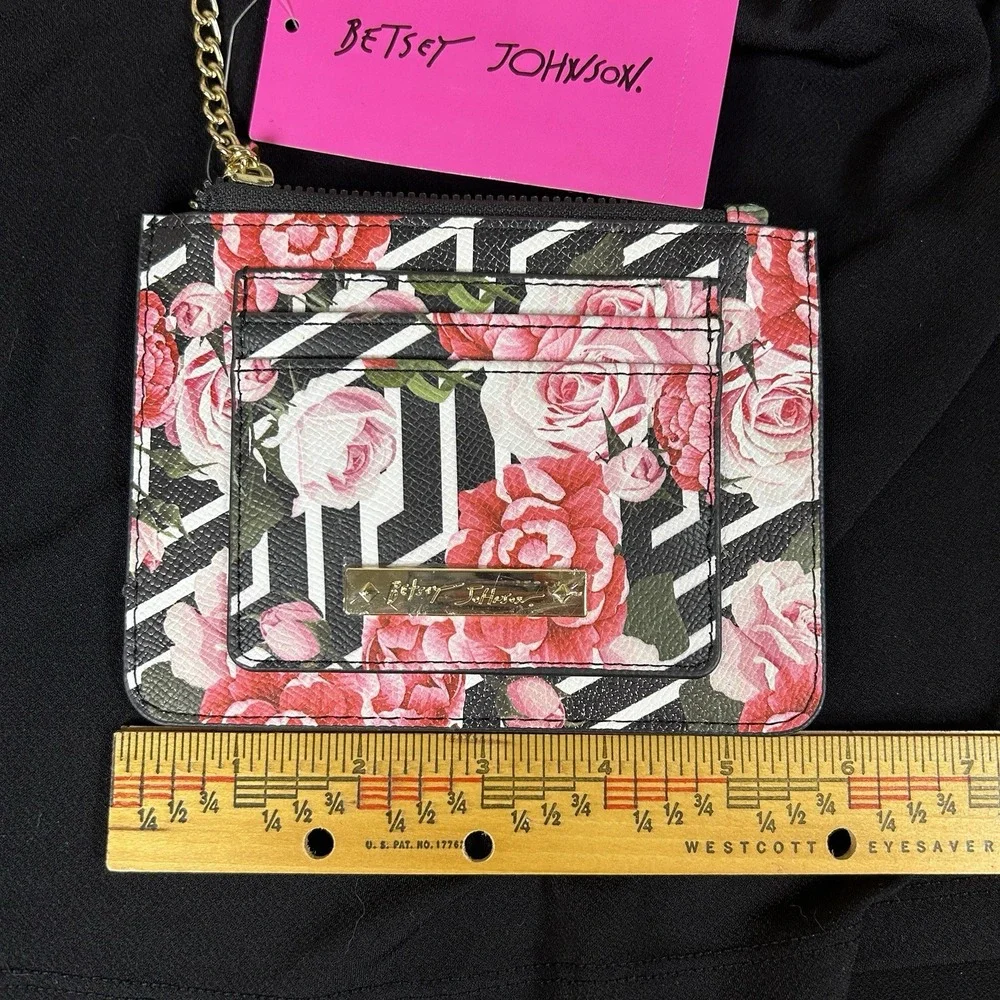 Betsey Johnson New Black White Rose Floral Credit Card Wallet Keychain Clutch